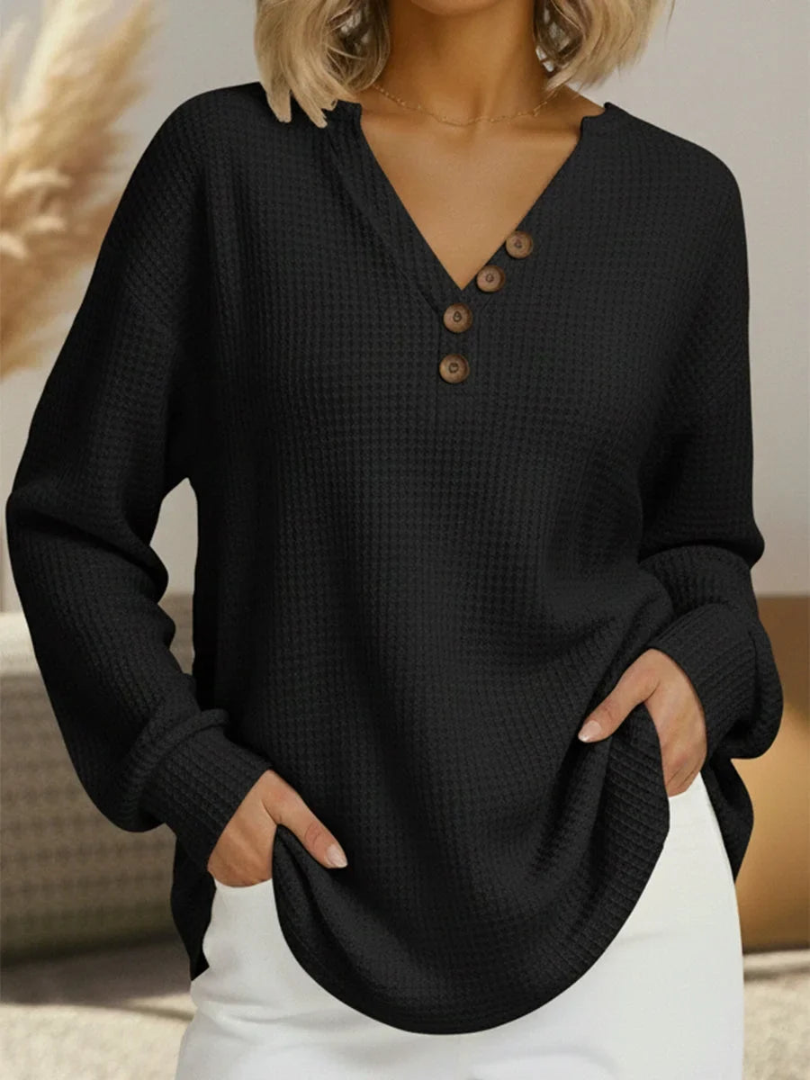 Women's Relaxed Long Sleeve Waffle Knit Sweater – Button V-Neck