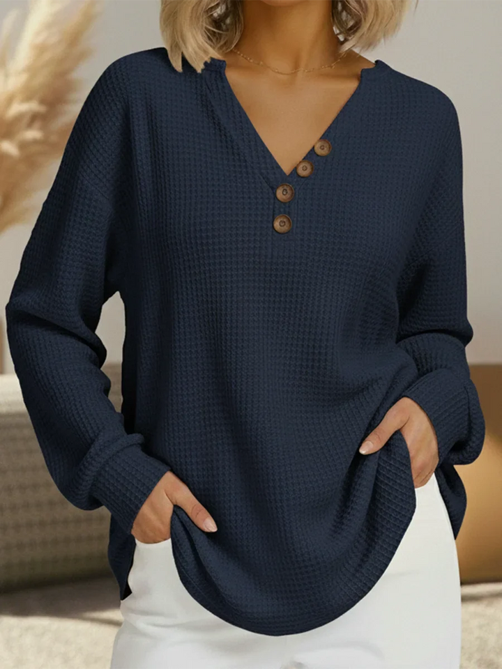 Women's Relaxed Long Sleeve Waffle Knit Sweater – Button V-Neck