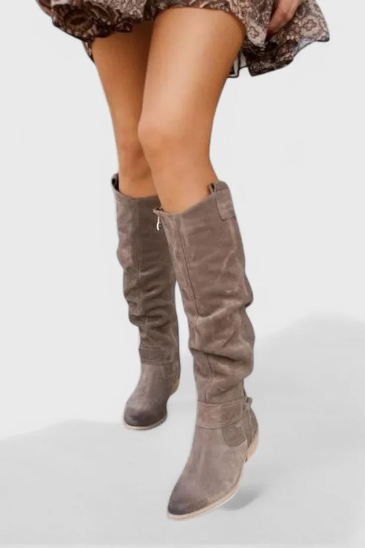 Women's Retro Brown Suede Knee-High Boots – Slouchy Shaft And Side Zipper