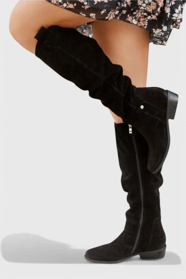 Women's Retro Brown Suede Knee-High Boots – Slouchy Shaft And Side Zipper