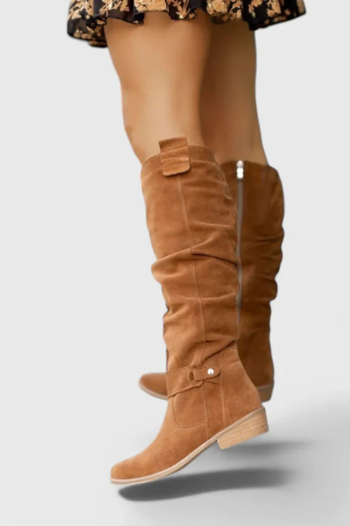 Women's Retro Brown Suede Knee-High Boots – Slouchy Shaft And Side Zipper