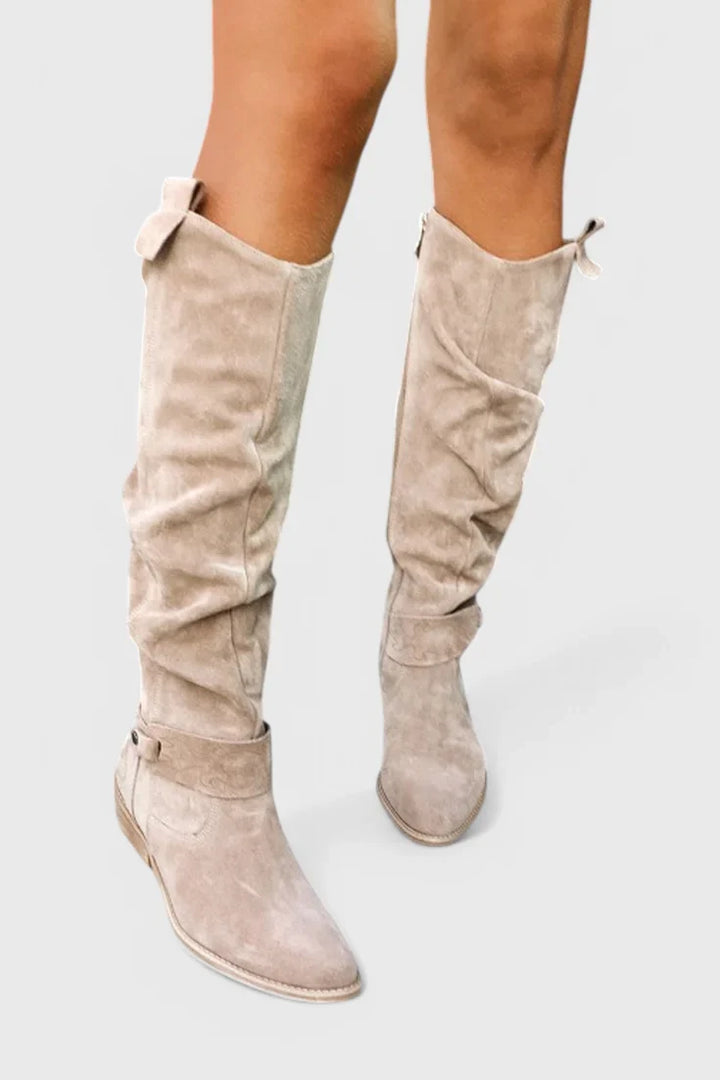 Women's Retro Brown Suede Knee-High Boots – Slouchy Shaft And Side Zipper