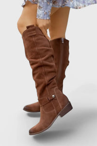 Women's Retro Brown Suede Knee-High Boots – Slouchy Shaft And Side Zipper
