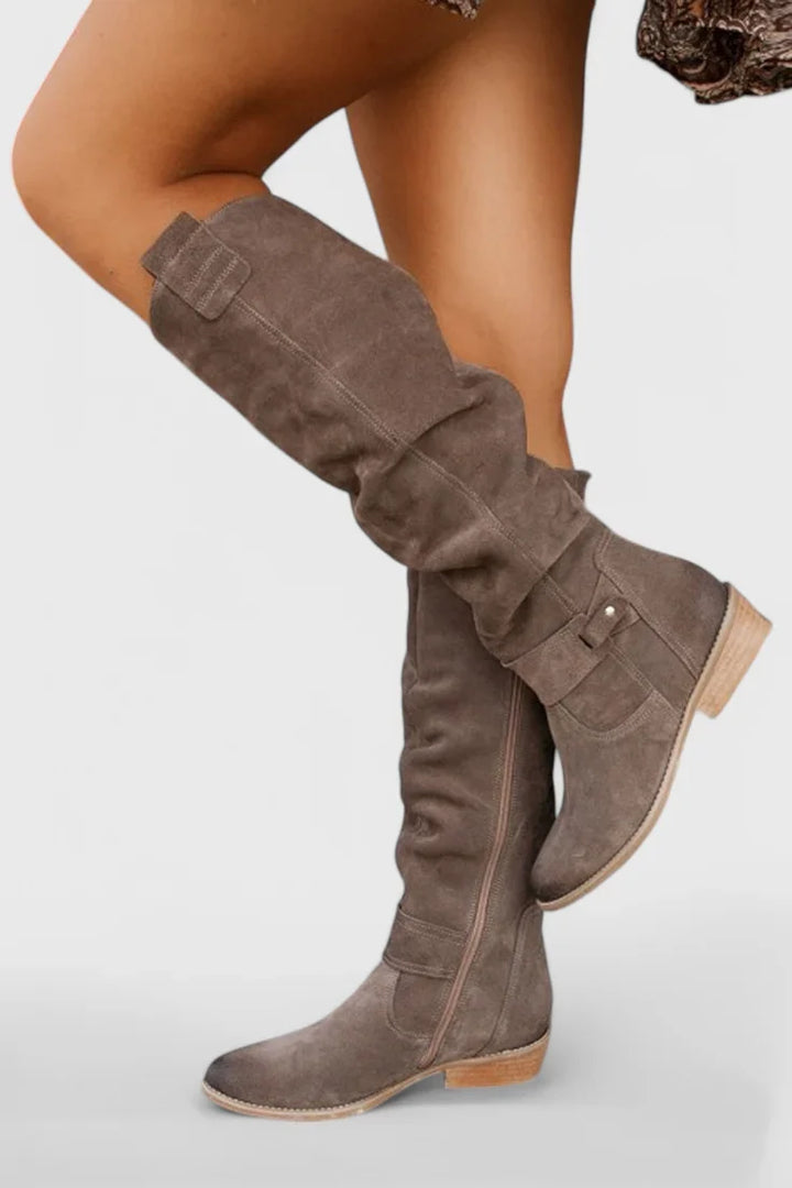 Women's Retro Brown Suede Knee-High Boots – Slouchy Shaft And Side Zipper