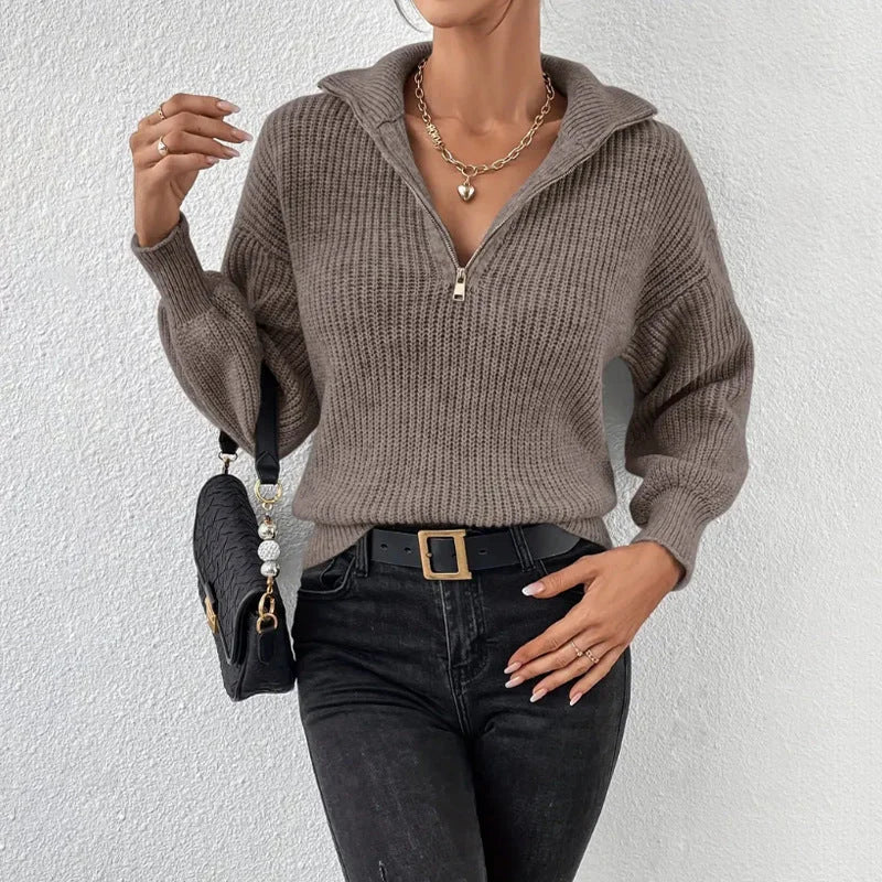 Women's Half-Zip Ribbed Knitted Jumper – Stand Collar