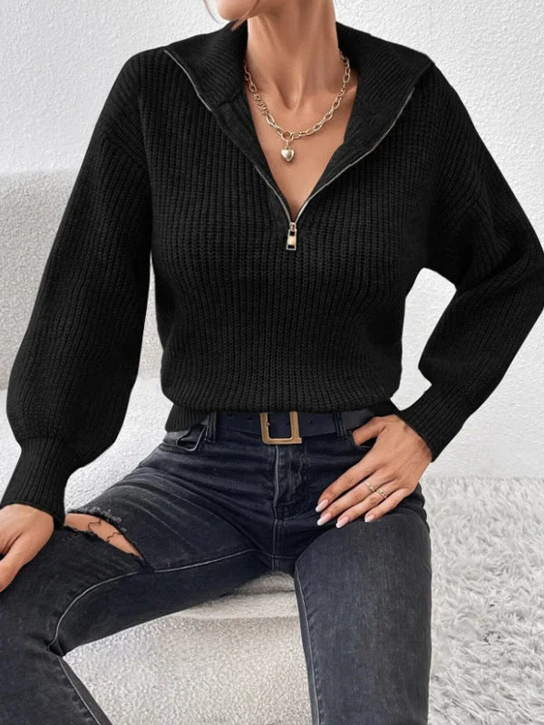 Women's Half-Zip Ribbed Knitted Jumper – Stand Collar