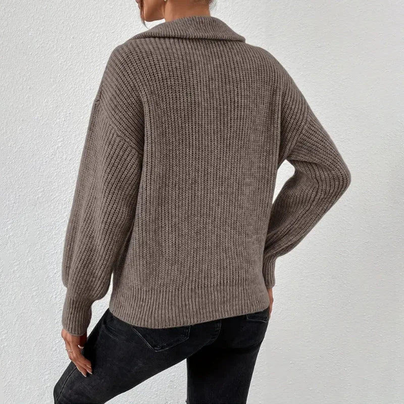 Women's Half-Zip Ribbed Knitted Jumper – Stand Collar