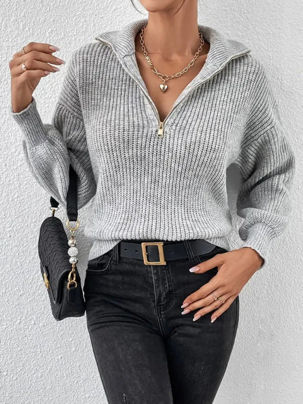 Women's Half-Zip Ribbed Knitted Jumper – Stand Collar