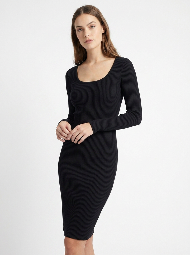 Women's Midi Dress – Ribbed Knit Scoop Neck