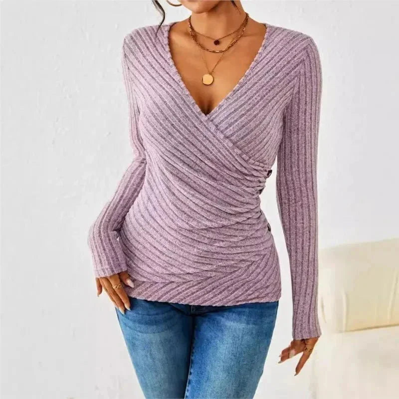 Women's Ribbed Knit Long-Sleeve V-Neck Wrap Top – Side Button Detail