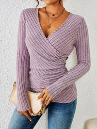 Women's Ribbed Knit Long-Sleeve V-Neck Wrap Top – Side Button Detail