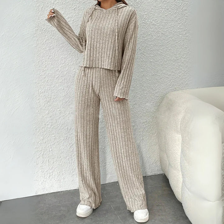 Women's Ribbed Knit Lounge Set – Hooded Cropped Top And Wide-Leg Trousers