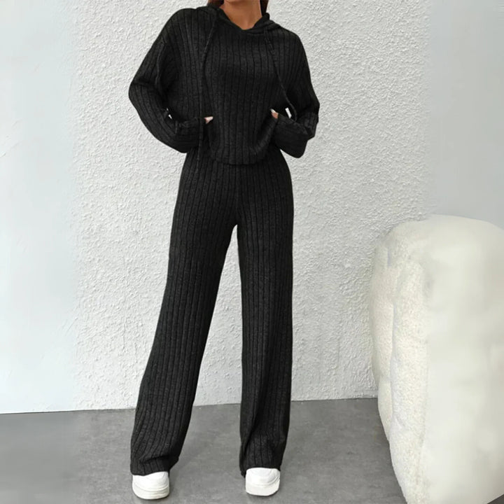 Women's Ribbed Knit Lounge Set – Hooded Cropped Top And Wide-Leg Trousers