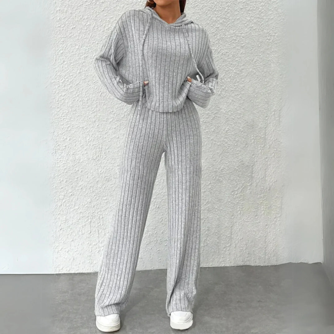Women's Ribbed Knit Lounge Set – Hooded Cropped Top And Wide-Leg Trousers