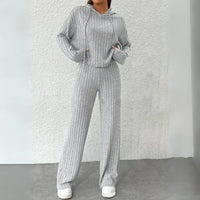 Women's Ribbed Knit Lounge Set – Hooded Cropped Top And Wide-Leg Trousers