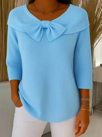 Women's Ribbed Knit Sweater – 3/4-Sleeve And V-Neck – Bow Detail
