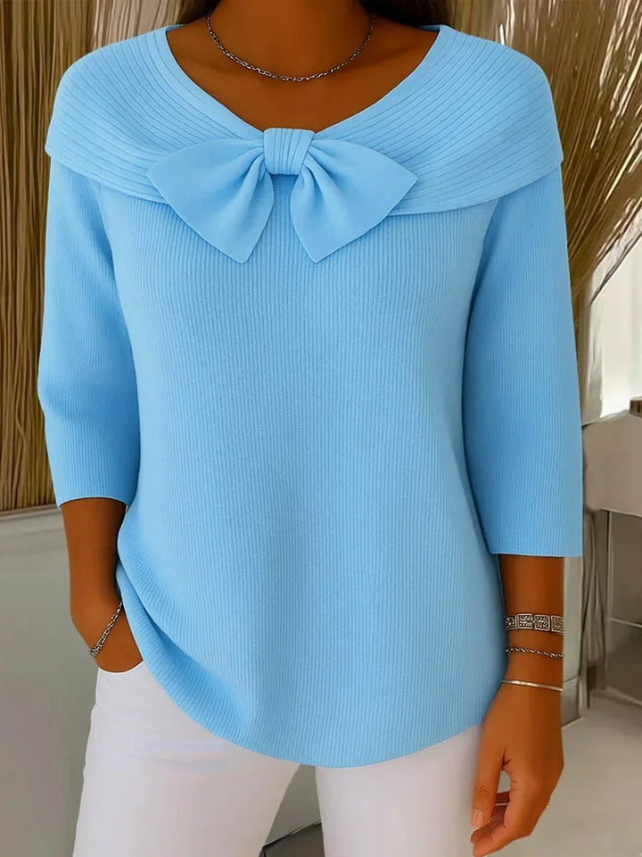 Women's Ribbed Knit Sweater – 3/4-Sleeve And V-Neck – Bow Detail