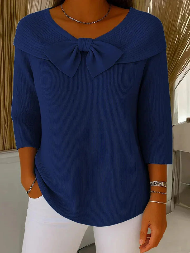 Women's Ribbed Knit Sweater – 3/4-Sleeve And V-Neck – Bow Detail