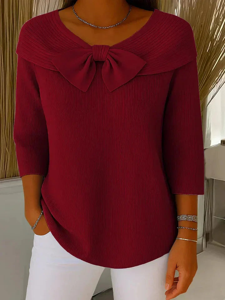 Women's Ribbed Knit Sweater – 3/4-Sleeve And V-Neck – Bow Detail