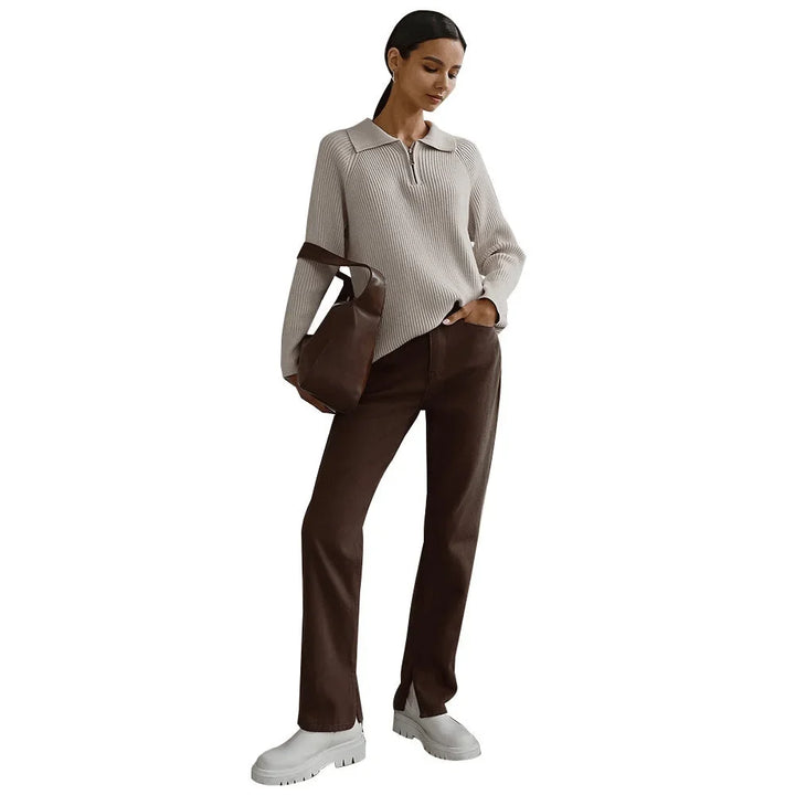 Women's Ribbed Knit Sweater – Half-Zip Polo Collar And Long Raglan Sleeves