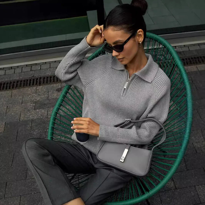 Women's Ribbed Knit Sweater – Half-Zip Polo Collar And Long Raglan Sleeves