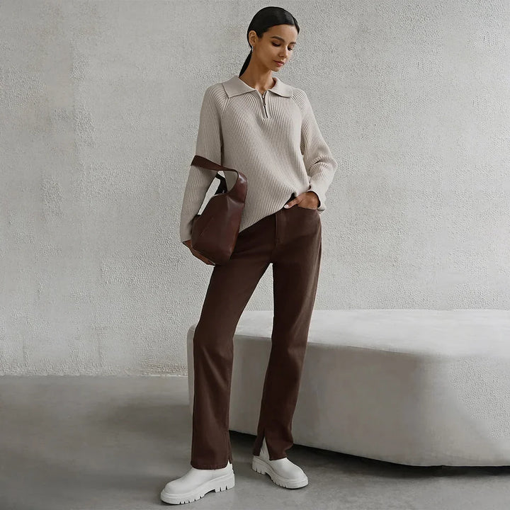 Women's Ribbed Knit Sweater – Half-Zip Polo Collar And Long Raglan Sleeves