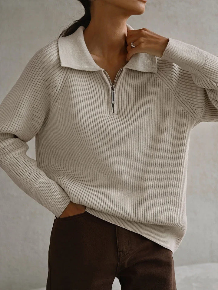 Women's Ribbed Knit Sweater – Half-Zip Polo Collar And Long Raglan Sleeves