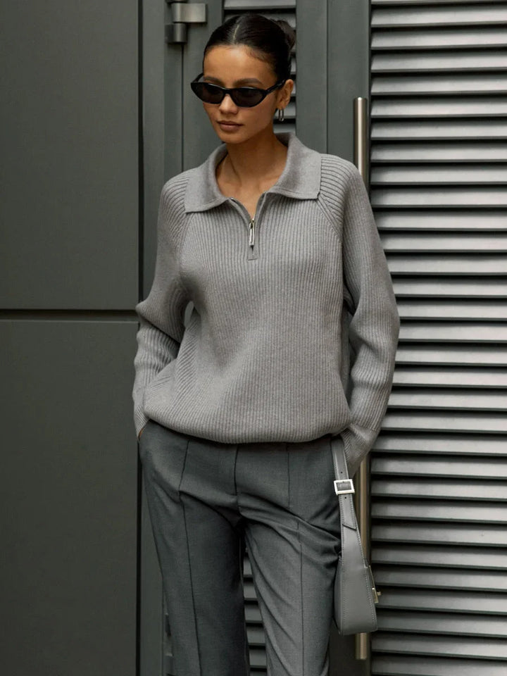 Women's Ribbed Knit Sweater – Half-Zip Polo Collar And Long Raglan Sleeves
