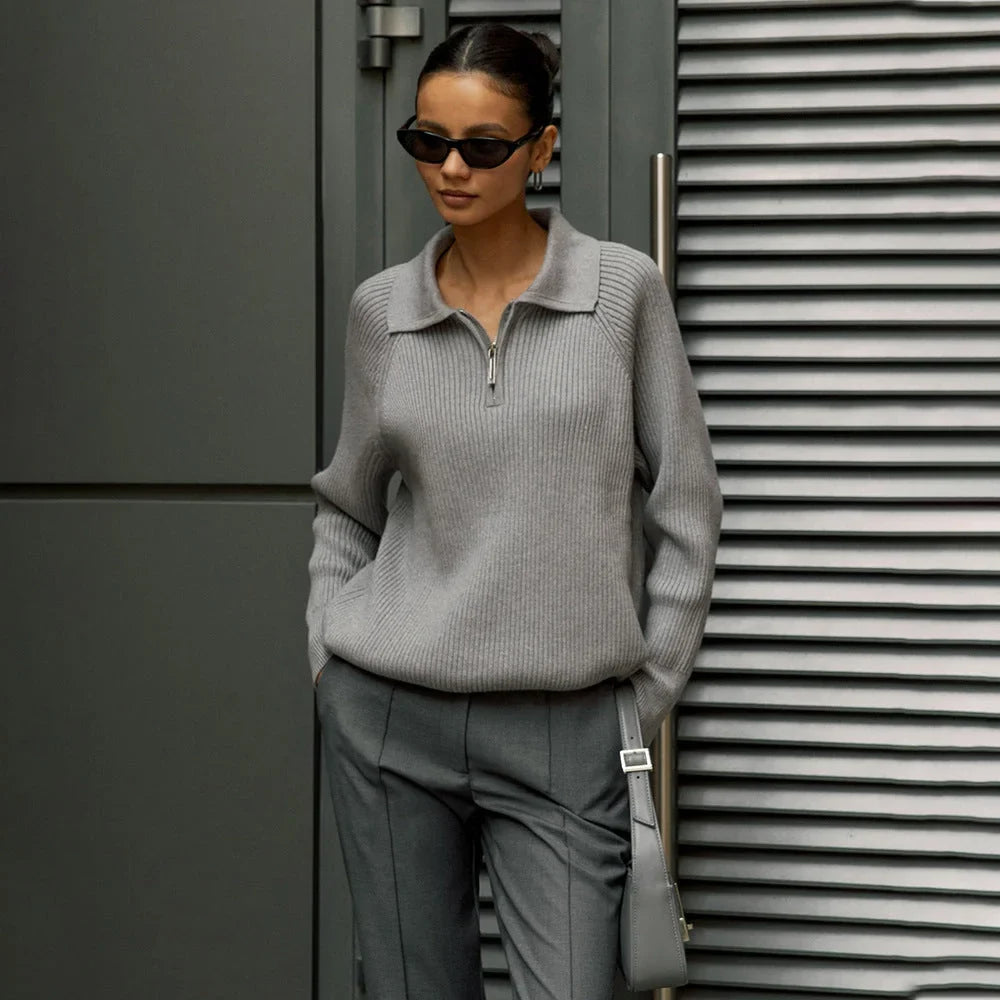 Women's Ribbed Knit Sweater – Half-Zip Polo Collar And Long Raglan Sleeves