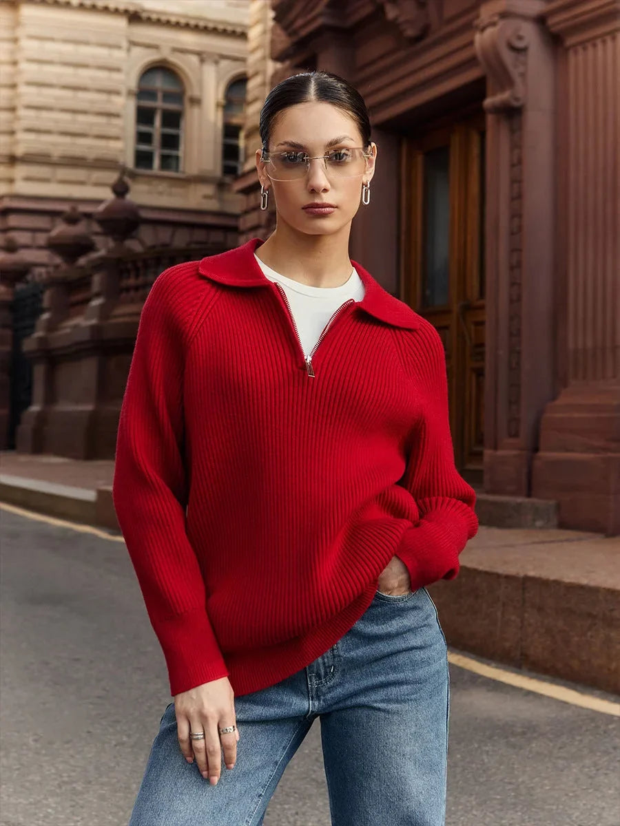 Women's Ribbed Knit Sweater – Half-Zip Polo Collar And Long Raglan Sleeves