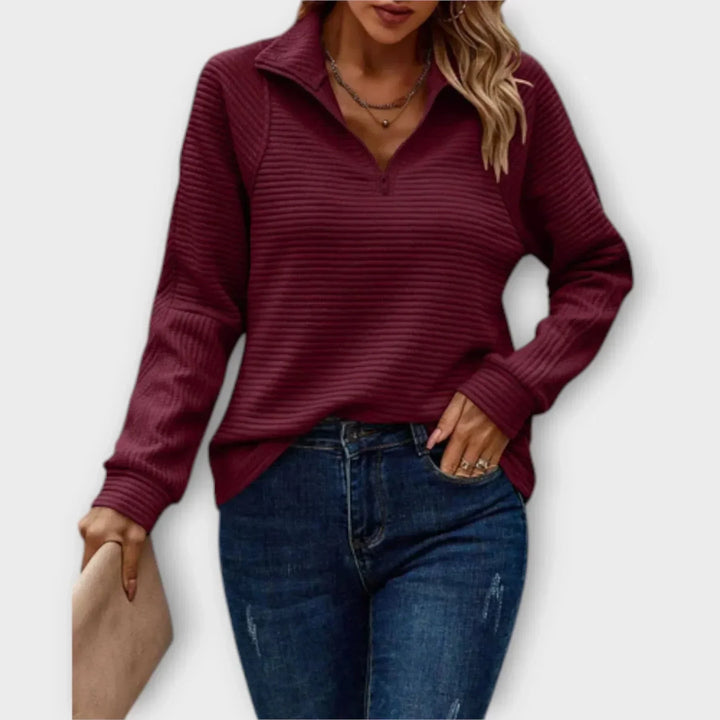 Women's Ribbed Knit Sweater – Half-Zip Stand-Up Collar