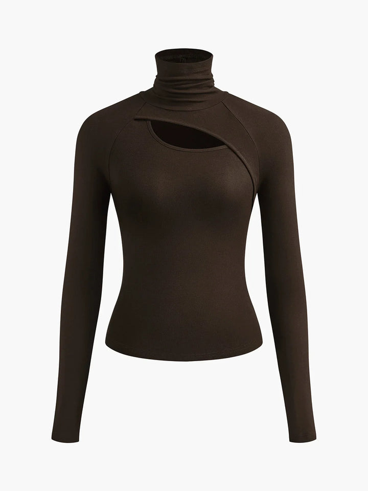 Women's Ribbed Knit Turtleneck Fitted Top – Long-Sleeve Cut-Out Design