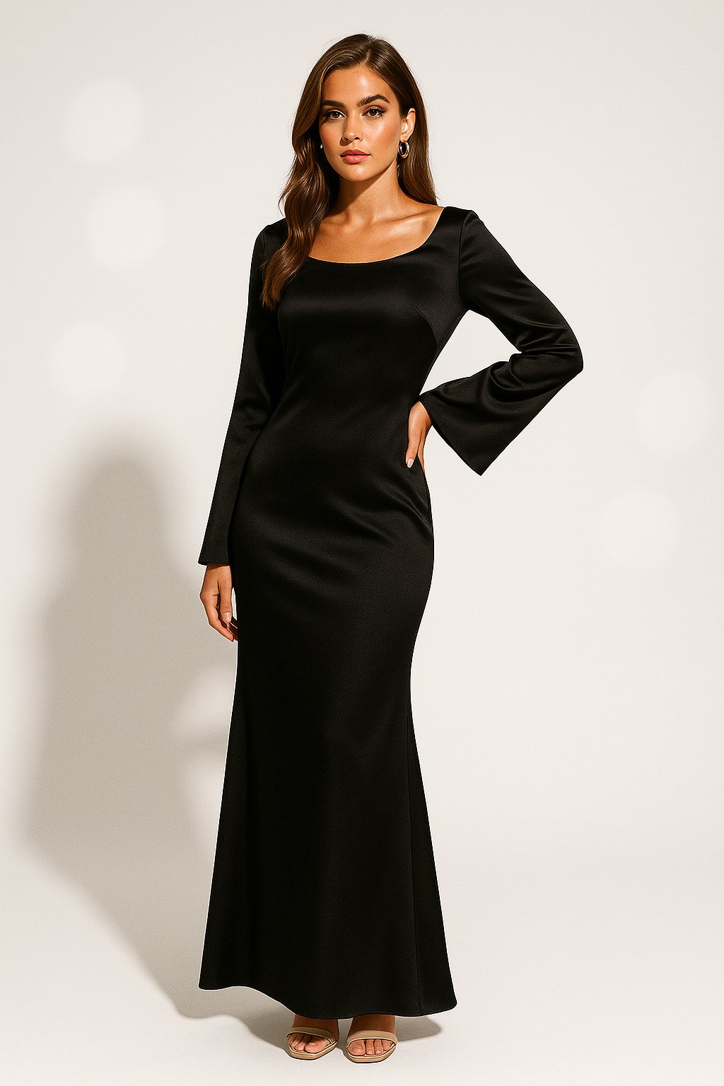 Women's Maxi Dress – Long Sleeve Satin Fishtail