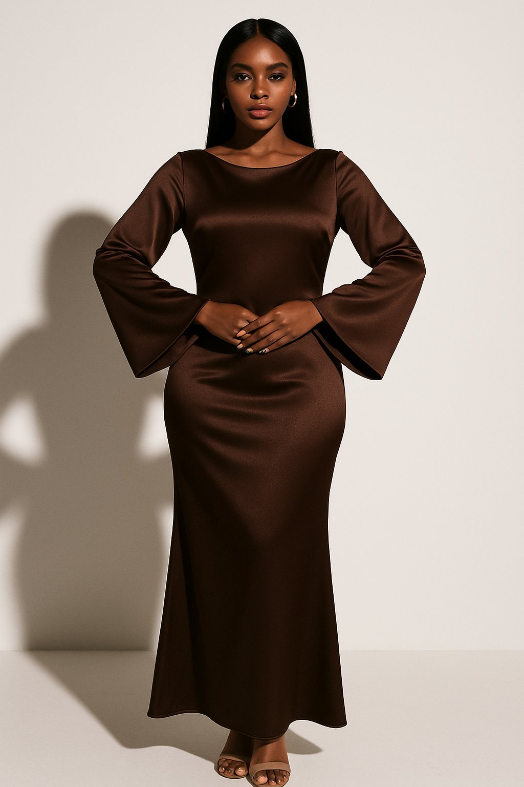 Women's Maxi Dress – Long Sleeve Satin Fishtail