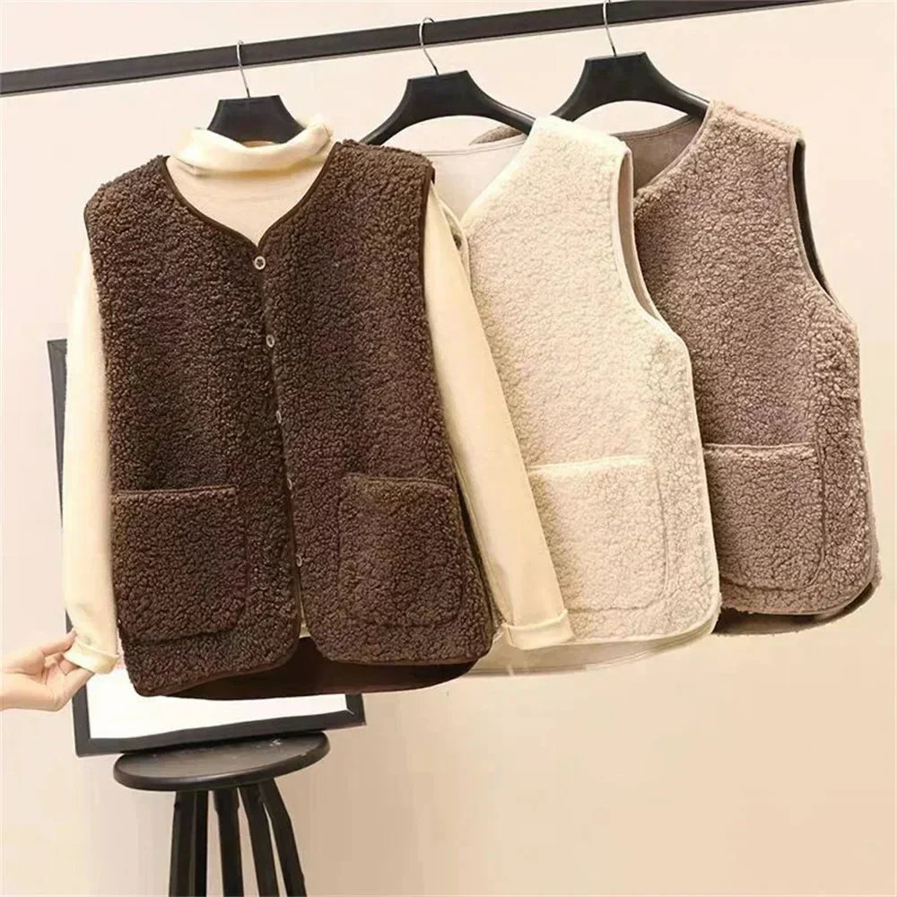 Women's Sherpa Button-Up Vest Gilet – V-Neck