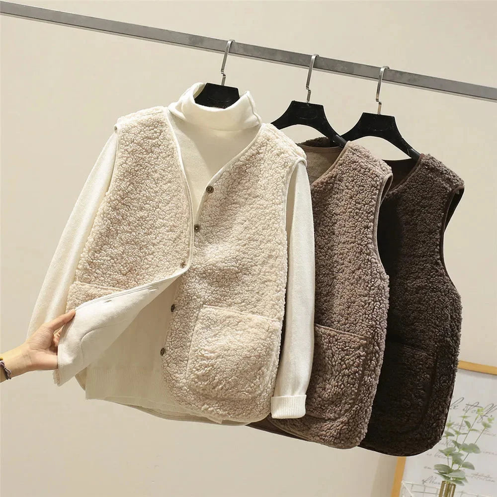 Women's Sherpa Button-Up Vest Gilet – V-Neck