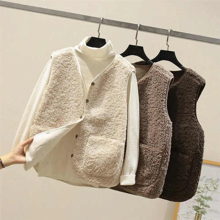 Women's Sherpa Button-Up Vest Gilet – V-Neck