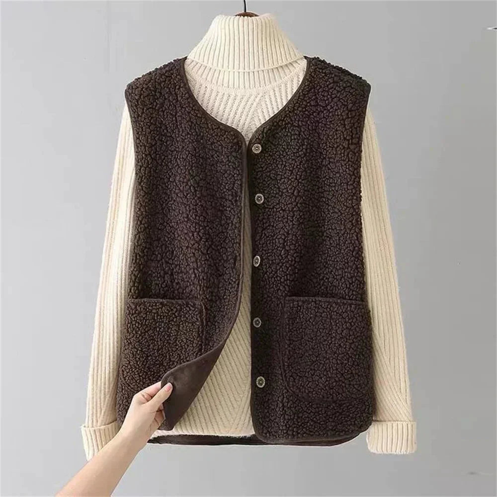 Women's Sherpa Button-Up Vest Gilet – V-Neck