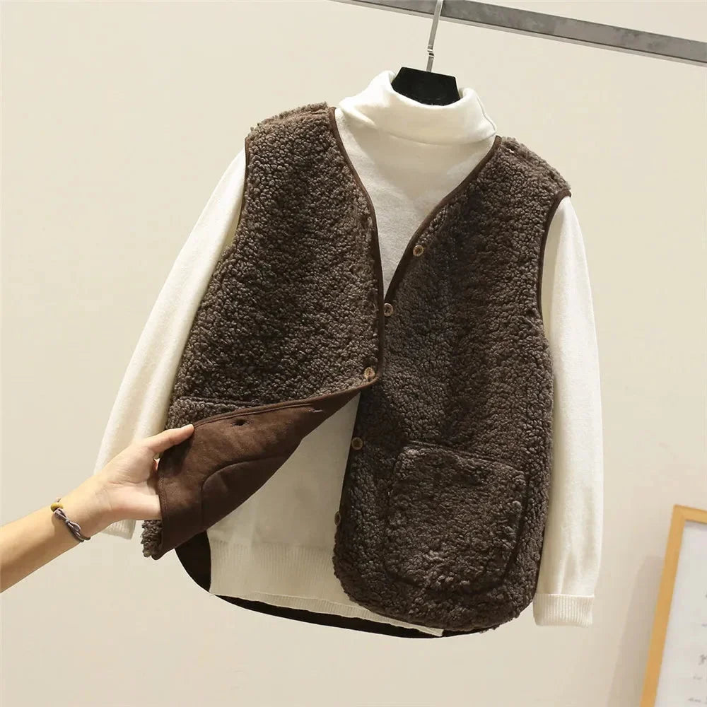 Women's Sherpa Vest – Button-Front V-Neck And Patch Pockets