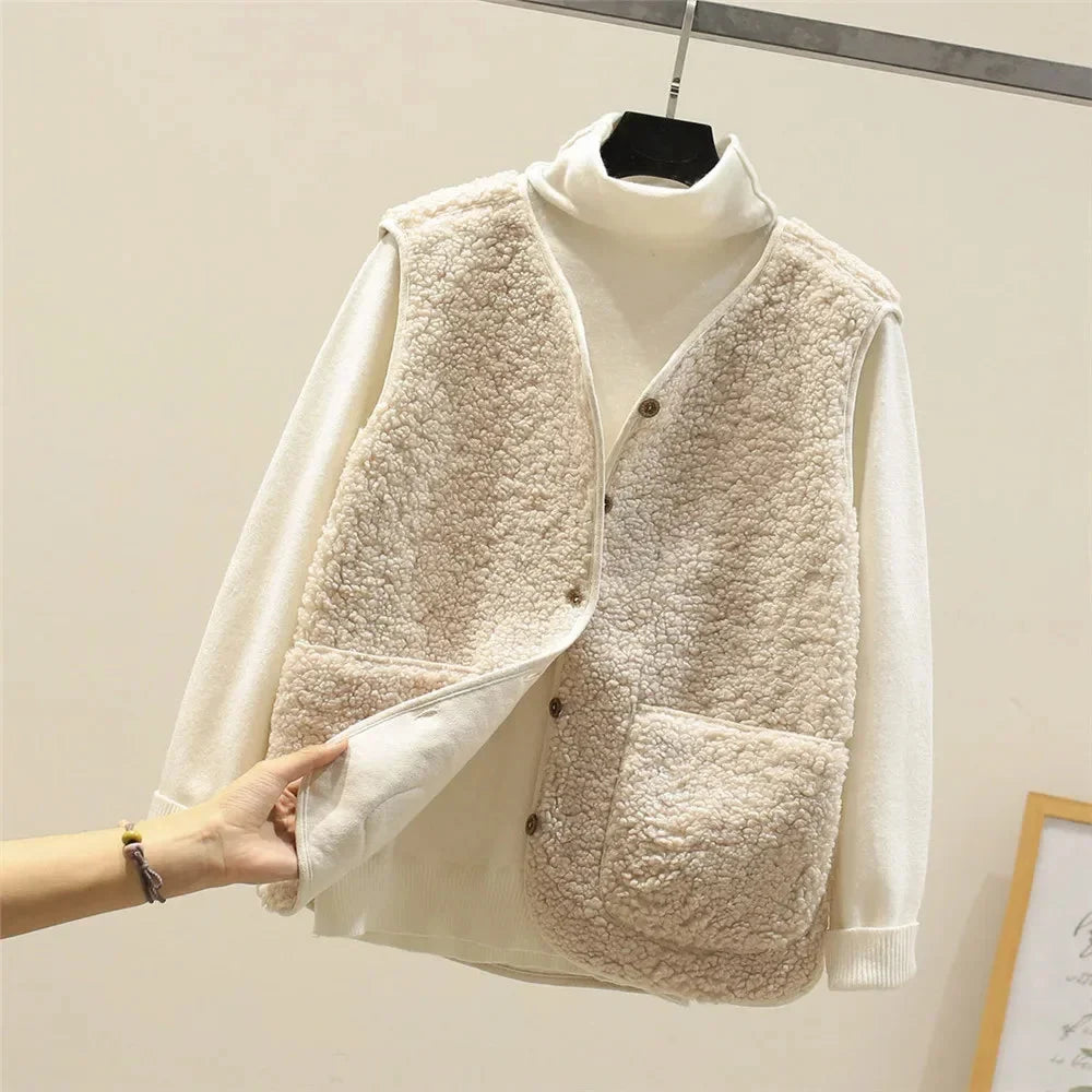 Women's Sherpa Vest – Button-Front V-Neck And Patch Pockets