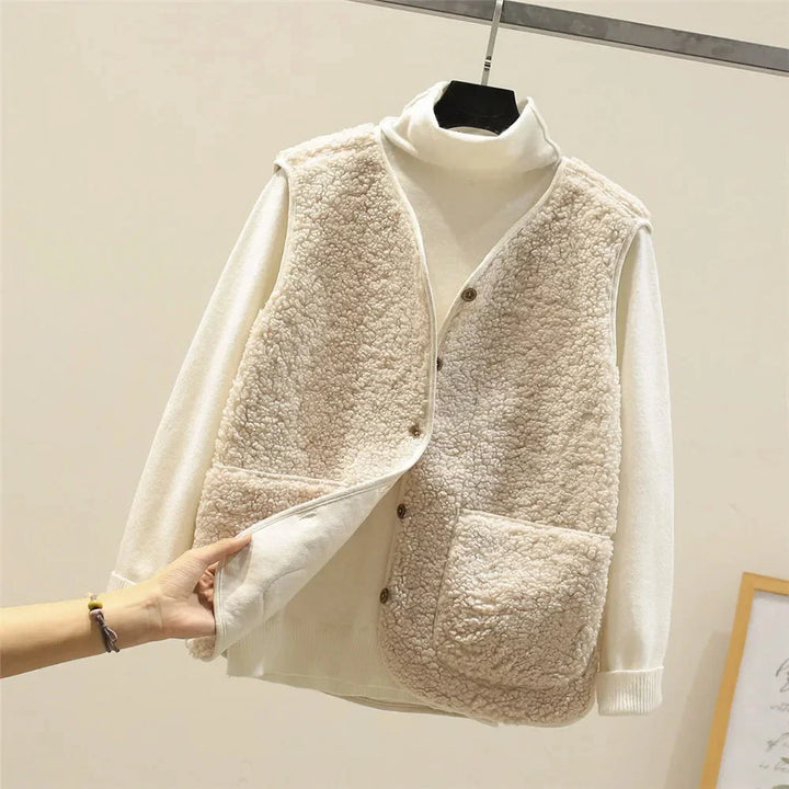 Women's Sherpa Vest – Button-Front V-Neck And Patch Pockets