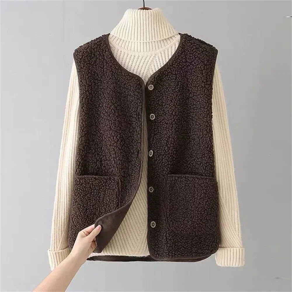Women's Sherpa Vest – Button-Front V-Neck And Patch Pockets