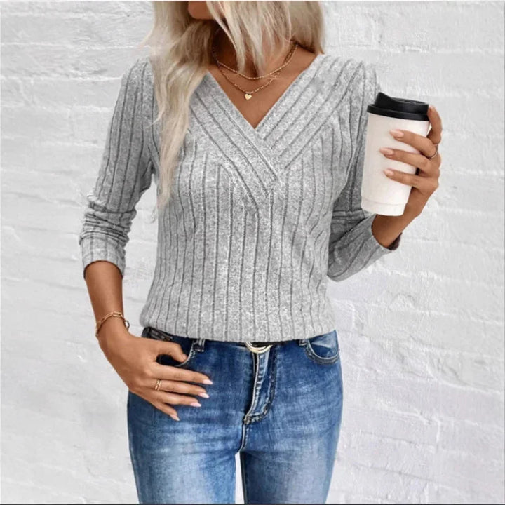 Women's Slim-Fit Ribbed Knit Sweater – V-Neck Long-Sleeves