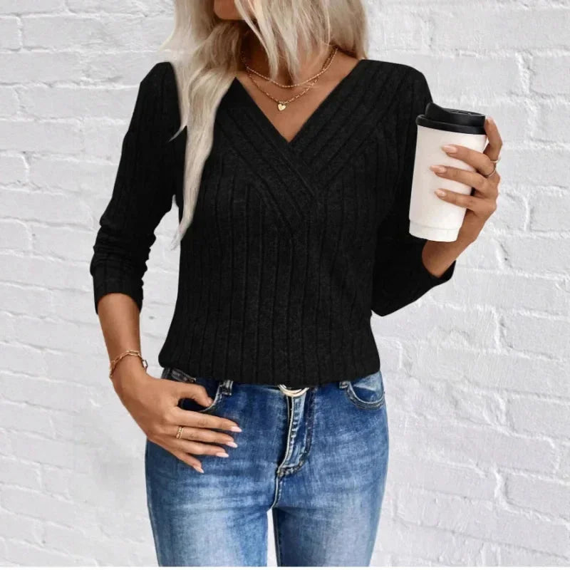Women's Slim-Fit Ribbed Knit Sweater – V-Neck Long-Sleeves