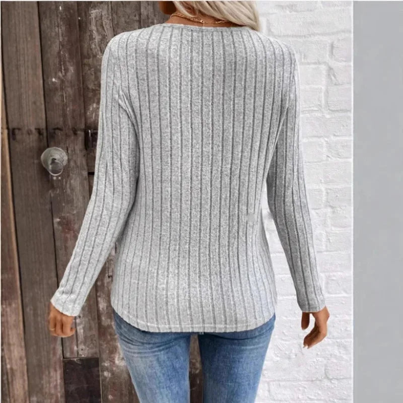 Women's Slim-Fit Ribbed Knit Sweater – V-Neck Long-Sleeves