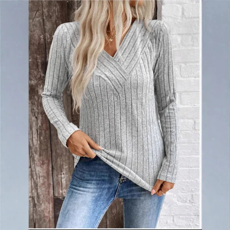 Women's Slim-Fit Ribbed Knit Sweater – V-Neck Long-Sleeves