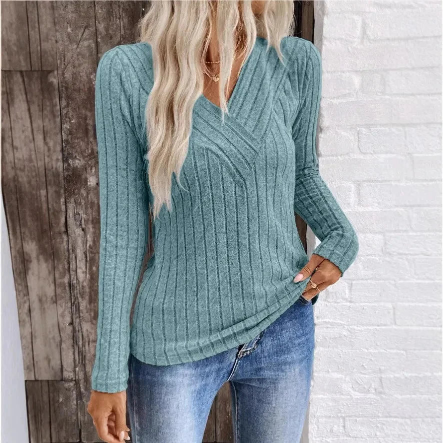 Women's Slim-Fit Ribbed Knit Sweater – V-Neck Long-Sleeves