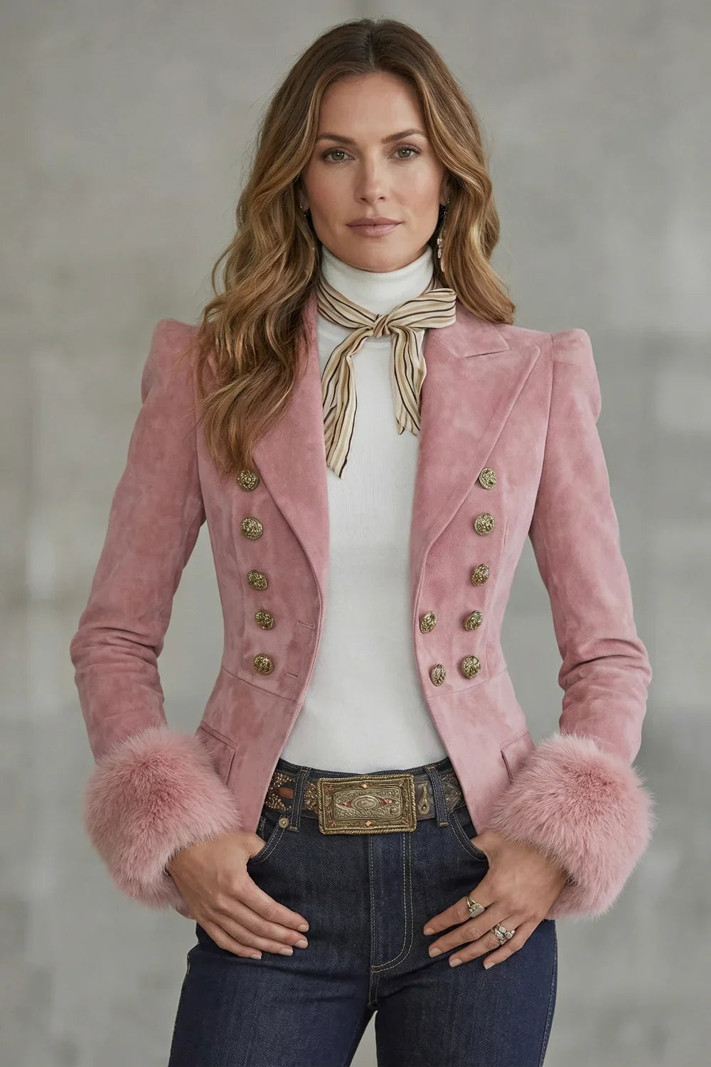 Women's Slim Fit Suede Blazer – Faux Fur Cuffs