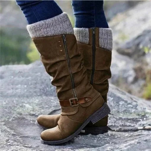 Women's Slouchy Knit-Cuff Mid-Calf Boots – Side-Zipper And Buckle