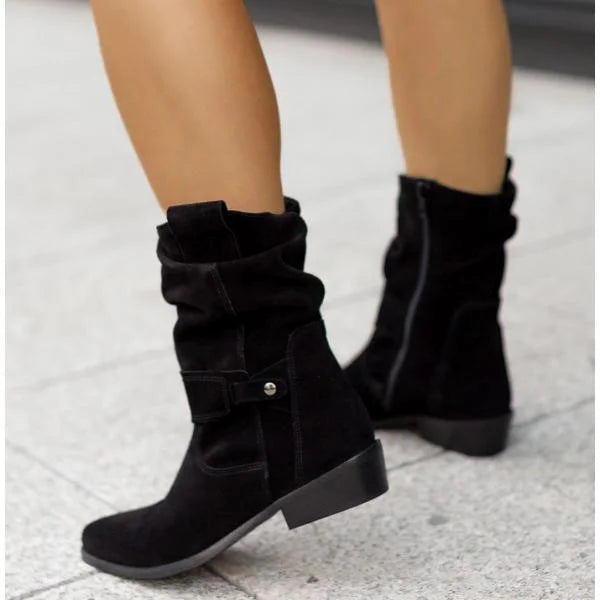Women's Slouchy Suede Ankle Boots – Zipper Closure And Buckle-Strap